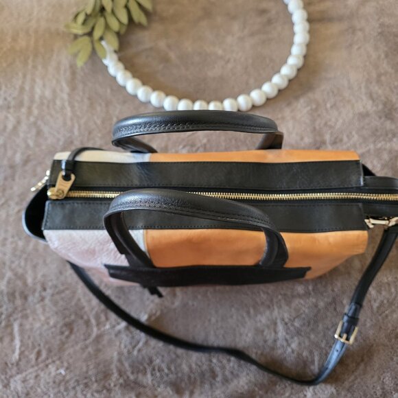 Coach Bleecker Riley 30150 Colorblock Leather Satchel Tote Bag Tan Black White - Picture 7 of 16